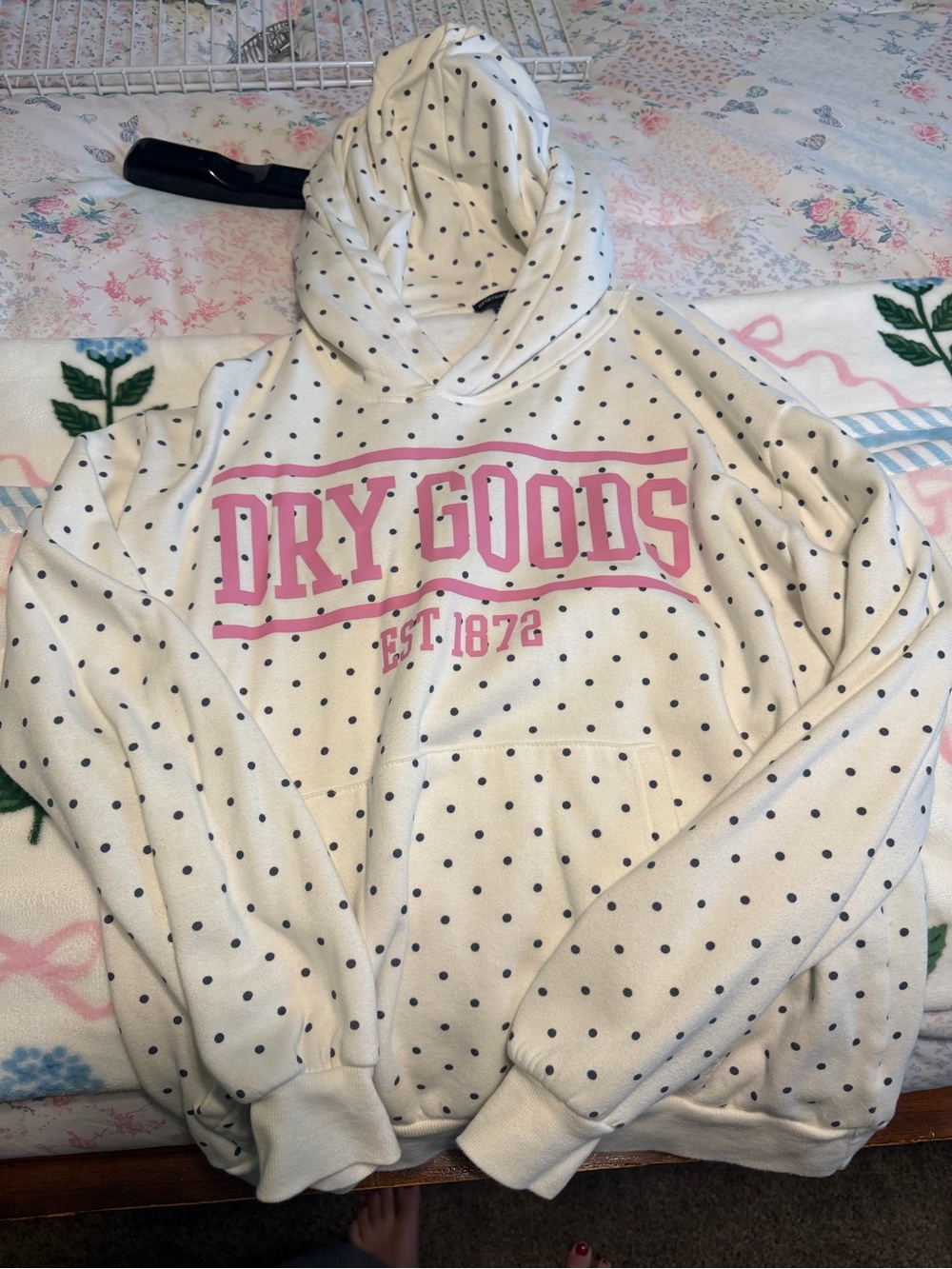 Dry Goods Cream Polka Dot Hoodie with Pink Logo